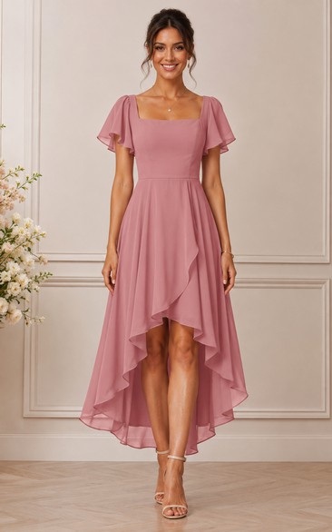 A-Line High-low Square Short Sleeve Chiffon Wedding Guest Dress with Ruffles