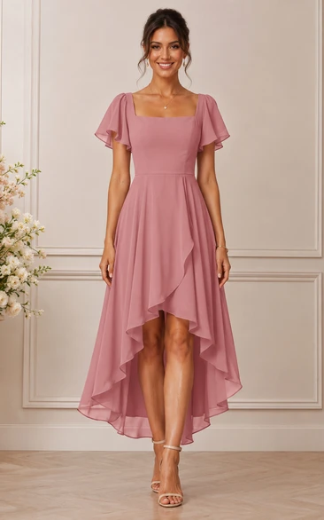 A-Line High-low Square Short Sleeve Chiffon Wedding Guest Dress with Ruffles