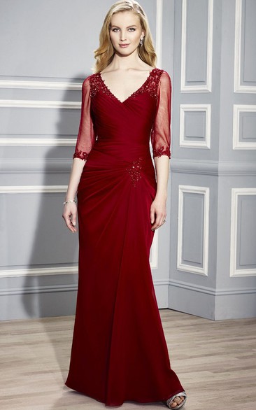 Floor-Length V-Neck Ruched Half-Sleeve Formal Dress With Beading