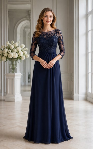 Plus Size Dark Navy Illusion Lace 3/4 Sleeve A-Line Mother Dress