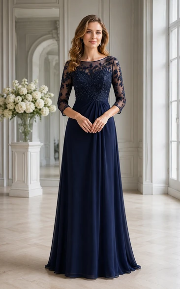 Dunkelblaues A-Linien-Kleid mit Illusionsspitze in Übergröße, 3/4-Ärmel, A-Linie, für Mütter