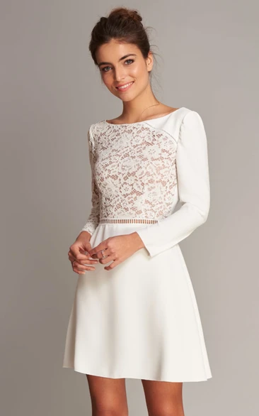 Casual Bateau Neckline Long Sleeve Knee-length Wedding Dress with Lace