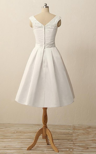 Short V-Neck Pleats Beading Appliques Satin Dress - Dorris Wedding