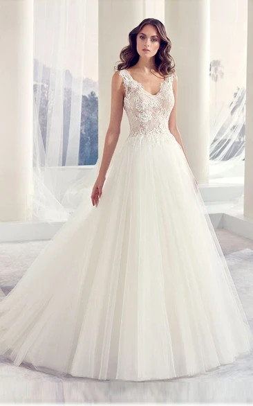 Ball-Gown Long Appliqued Sleeveless V-Neck Tulle Wedding Dress With Illusion Back And Pleats