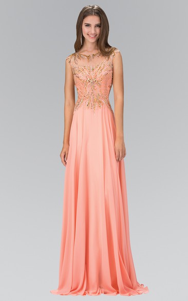 A-Line Maxi V-Neck Cap-Sleeve Chiffon Illusion Dress With Beading And Pleats