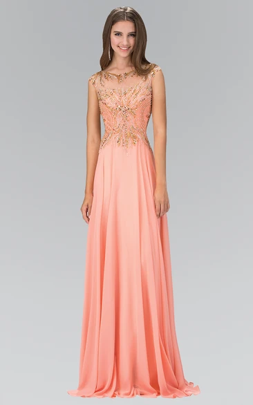 A-Line Maxi V-Neck Cap-Sleeve Chiffon Illusion Dress With Beading And Pleats