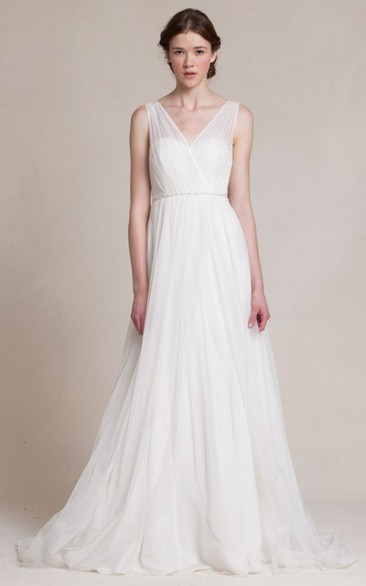A-Line Jeweled V-Neck Long Sleeveless Tulle Wedding Dress With Pleats
