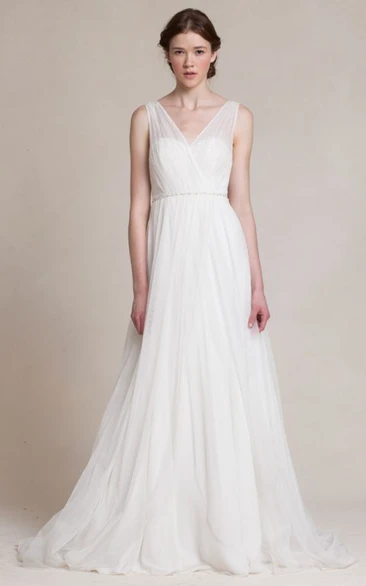 A-Line Jeweled V-Neck Long Sleeveless Tulle Wedding Dress With Pleats