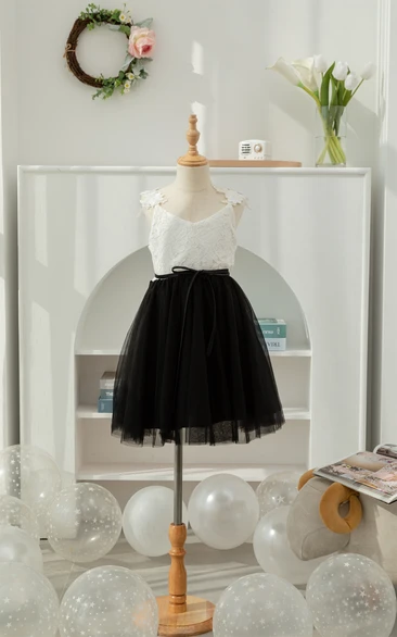 Lace Black and White Short A-line Tulle Flowergirl Dress