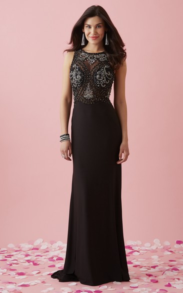 Sheath Long Scoop-Neck Sleeveless Jersey Illusion Dress With Beading