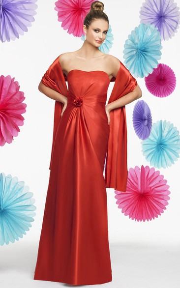 Strapless Floral Satin Bridesmaid Dress With Draping And Cape