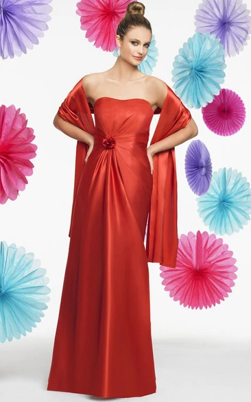 Strapless Floral Satin Bridesmaid Dress With Draping And Cape