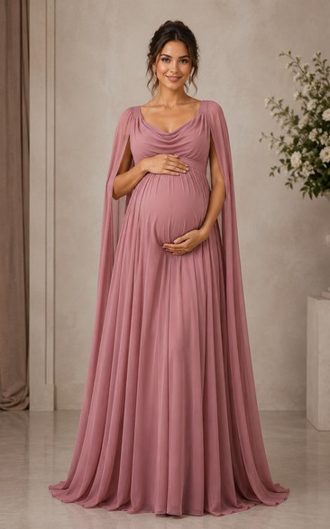 Maternity A-Line Maternity Dress with Cowl, Sleeveless and Drape Pleats, Floor Length