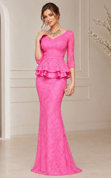 Scoop Neck 3-4 Sleeve Mermaid Lace Gown With Slit And Peplum