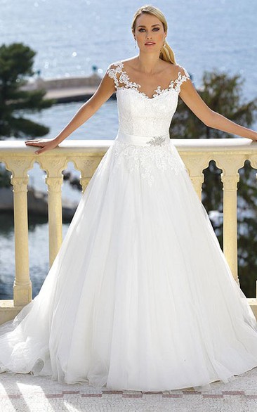 Floor-Length V-Neck Appliqued Jeweled Tulle Wedding Dress