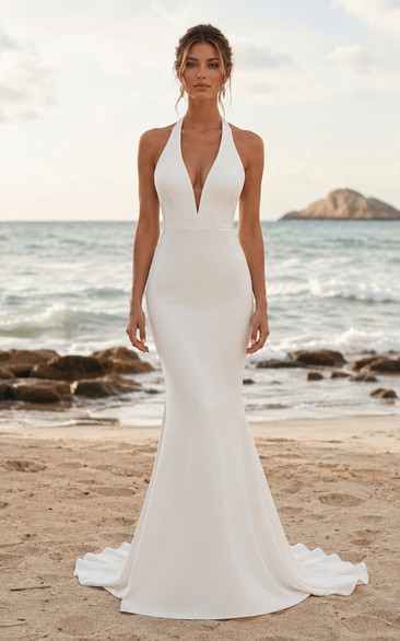 Halter Crepe Mermaid Wedding Dress with Plunging V-Neck and Low Back Train