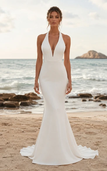 Halter Crepe Mermaid Wedding Dress with Plunging V-Neck and Low Back Train