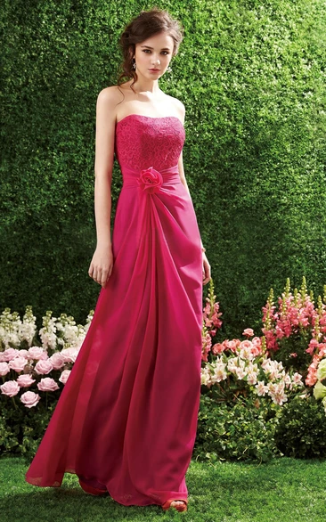 Strapless Long Chiffon Gown with Flower and Lace Bodice