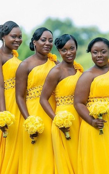 Modern One-shoulder Chiffon Bridesmaid Dress With Flower Crystals