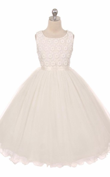 Tea-Length Floral Tiered Tulle&Satin Flower Girl Dress With Embroidery