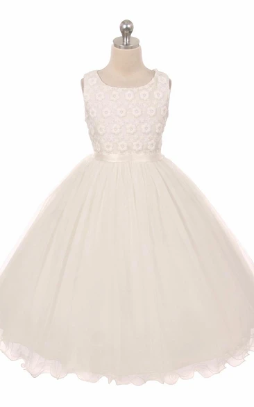 Tea-Length Floral Tiered Tulle&Satin Flower Girl Dress With Embroidery