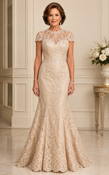 Champagne Cap Sleeve Lace Mermaid Mother Dress