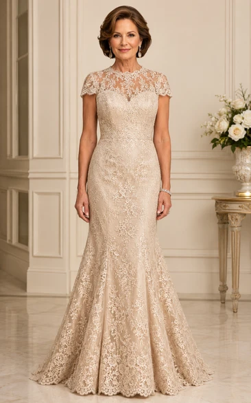 Champagne Cap Sleeve Lace Mermaid Mother Dress