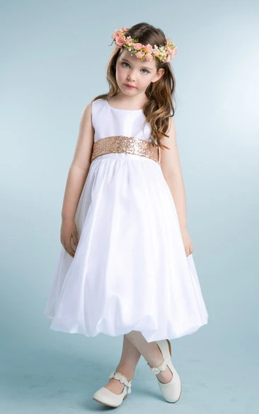 Tea-Length Sleeveless Tulle&Sequins Flower Girl Dress