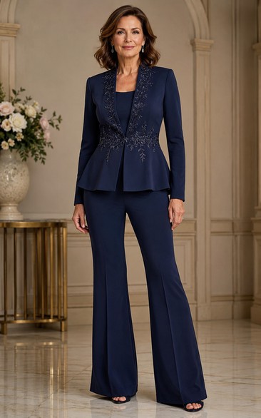 Dark Navy Tailored Mother of the Bride Pantsuit with Beaded Jacket
