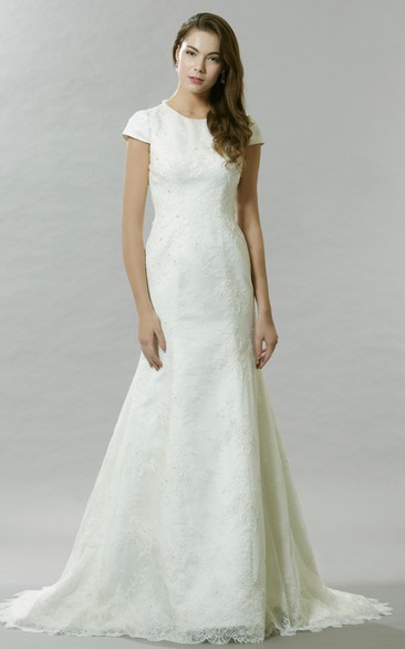 Floor-Length Bowed Cap Sleeve Scoop Neck Lace Wedding Dress