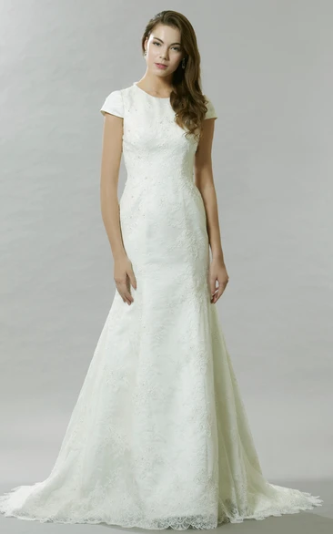 Floor-Length Bowed Cap Sleeve Scoop Neck Lace Wedding Dress