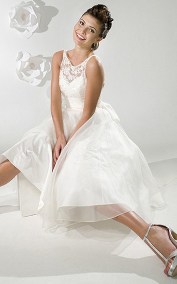 A-Line Sleeveless Tea-Length Scoop-Neck Satin Short Wedding Dress With Illusion