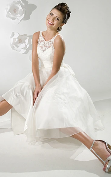 A-Line Sleeveless Tea-Length Scoop-Neck Satin Short Wedding Dress With Illusion