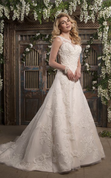 A-Line Bateau Neck Appliqued Sleeveless Lace Wedding Dress With Court Train