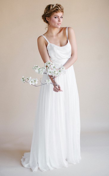 Spaghetti Floor-Length Chiffon Wedding Dress With Pleats And V Back