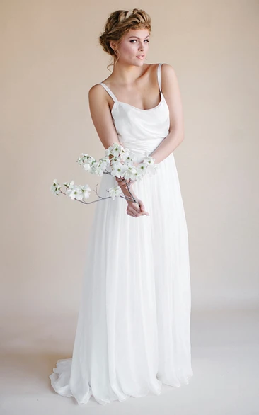 Spaghetti Floor-Length Chiffon Wedding Dress With Pleats And V Back