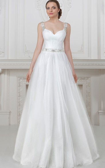 A-Line Sleeveless Floor-Length Beaded Tulle Wedding Dress With Waist Jewellery And Pleats