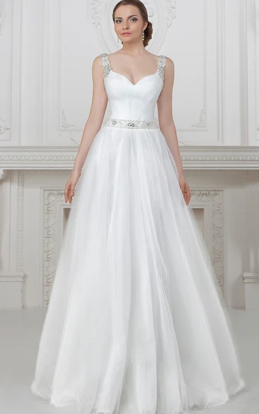 A-Line Sleeveless Floor-Length Beaded Tulle Wedding Dress With Waist Jewellery And Pleats