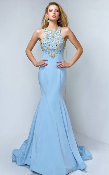 Trumpet Scoop-Neck Sleeveless Jersey Illusion Dress With Beading And Ruffles