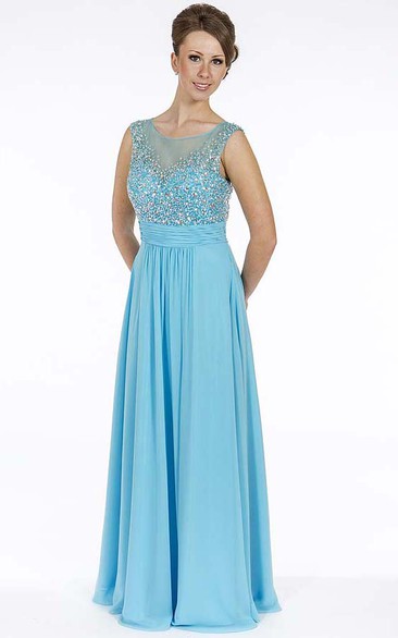 A-Line Beaded Sleeveless Long Scoop-Neck Chiffon Prom Dress With Pleats