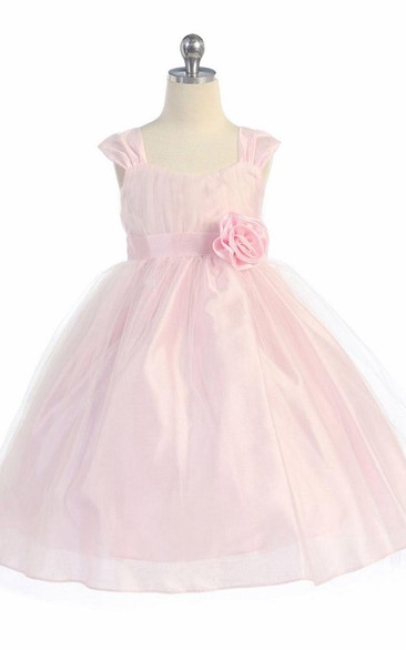 Tea-Length Straps Empire Tiered Tulle Flower Girl Dress
