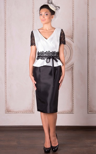 Knee-Length Pencil Short Sleeve V-Neck Appliqued Satin Mother Of The Bride Dress