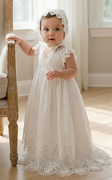 Christening White Vintage Baby Flower Girl Dress V Neck Lace Gown with Bonnet