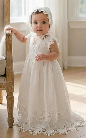 Christening White Vintage Baby Flower Girl Dress V Neck Lace Gown with Bonnet