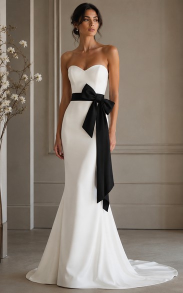White Strapless Satin Mermaid Wedding Dress with Black Sash