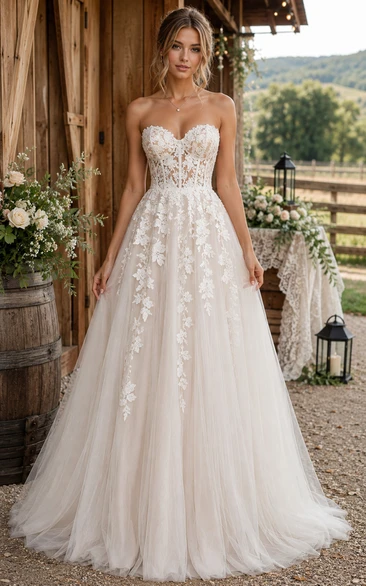 Strapless A-Line Tulle Country Wedding Dress with Lace Applique Bodice