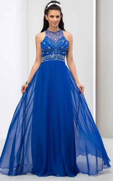 A-Line Jewel Neck Criss-Cross Back Beaded Prom Dress
