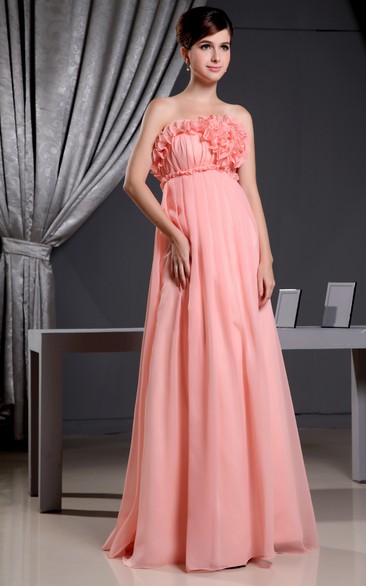 Strapless Chiffon Pleated Dress With Flower and Embroideries Waist