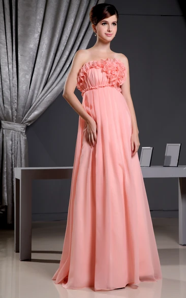 Strapless Chiffon Pleated Dress With Flower and Embroideries Waist