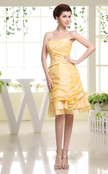 Sweetheart Ruched Midi Dress With Flower and Tier